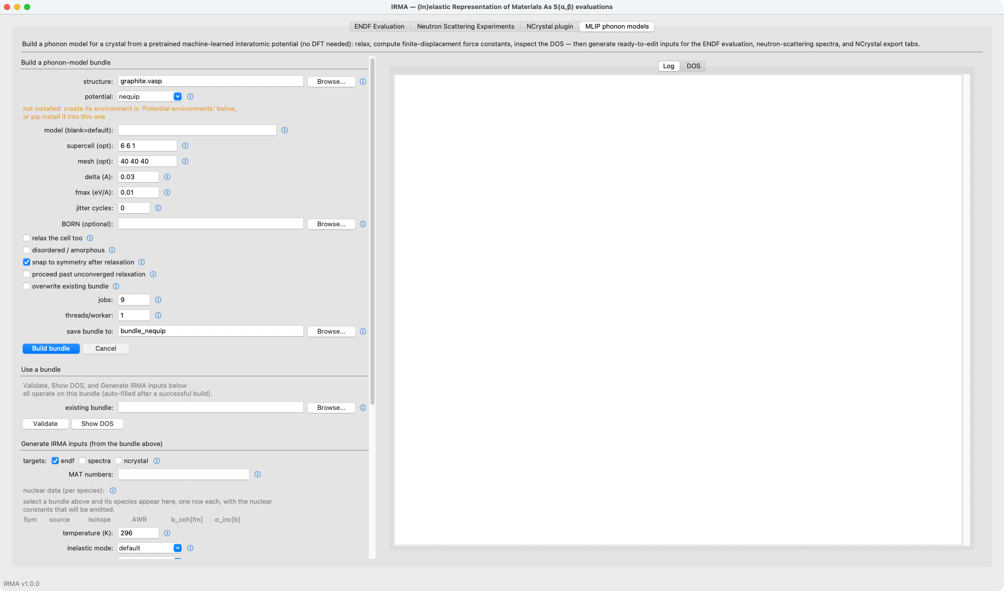 The MLIP phonon models tab staged for the graphite build of the examples page: nequip, a 6×6×1 supercell, a 40³ mesh, snap-to-symmetry, and 9 workers