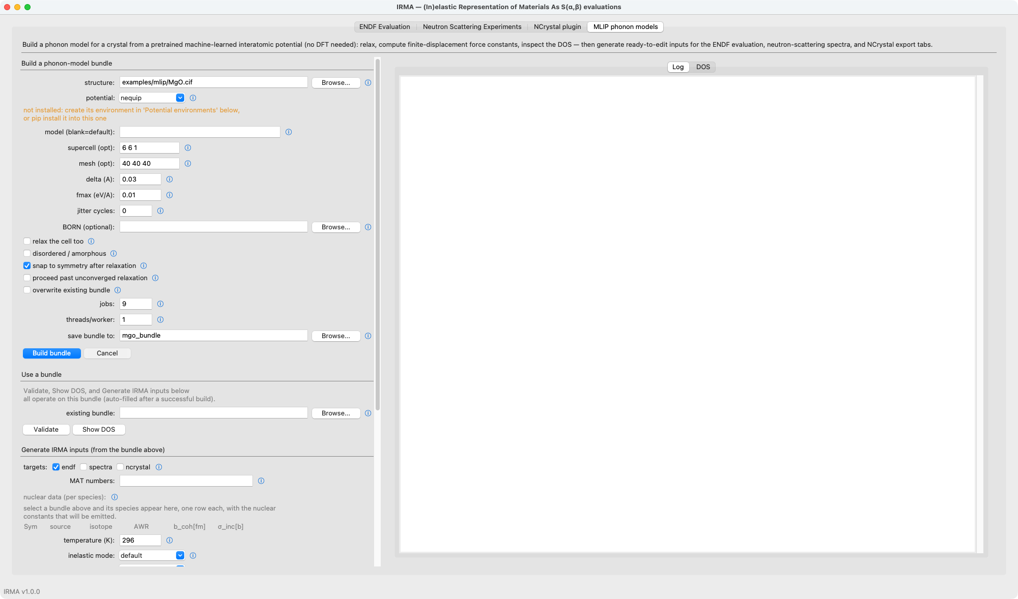The MLIP tab staged with the tutorial's MgO build