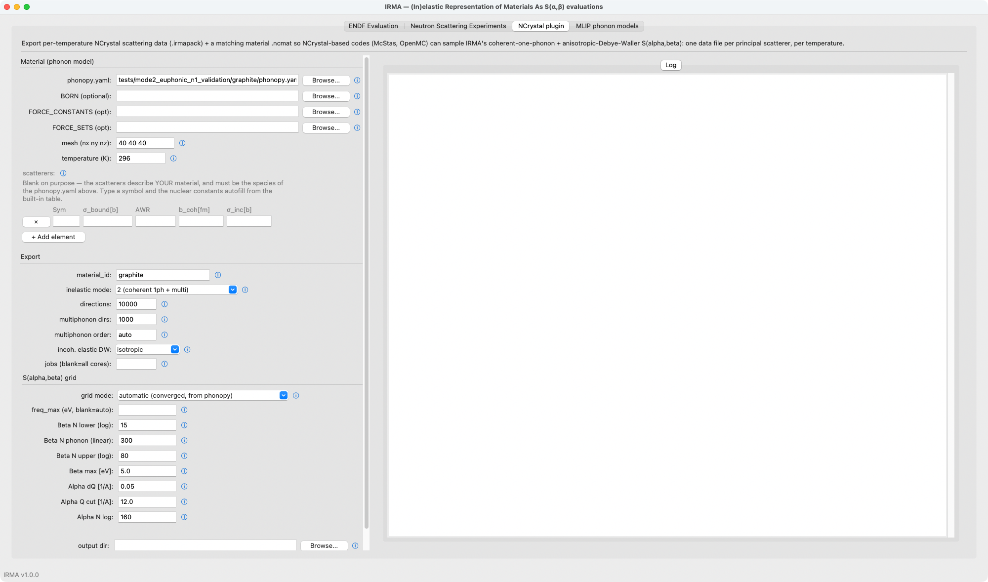 The NCrystal plugin tab staged with this tutorial's export