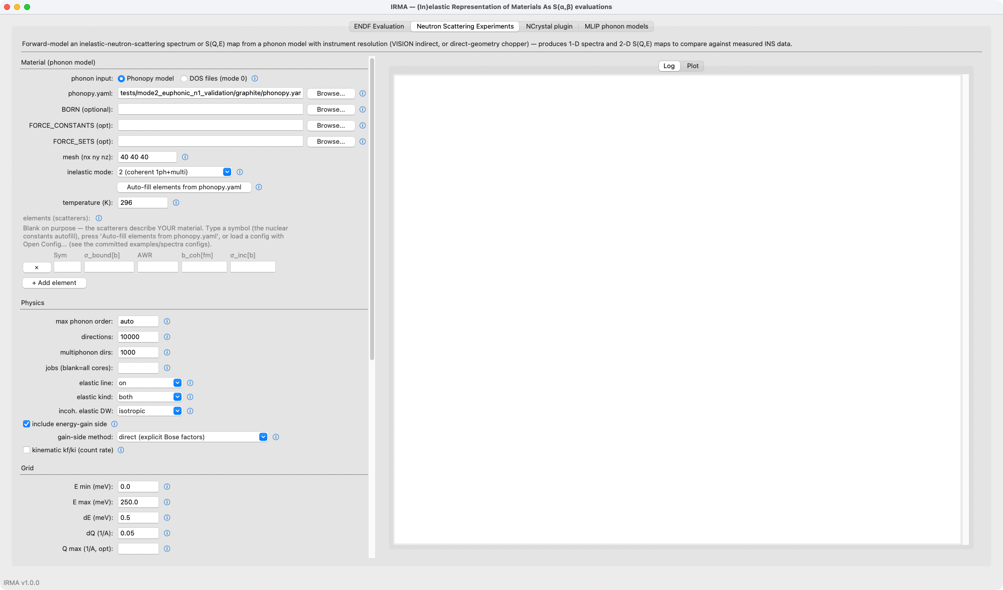 Neutron Scattering Experiments tab with a phonopy calculation loaded: graphite, inelastic mode 2, 40³ mesh, with the per-element scattering table and the Physics direction counts