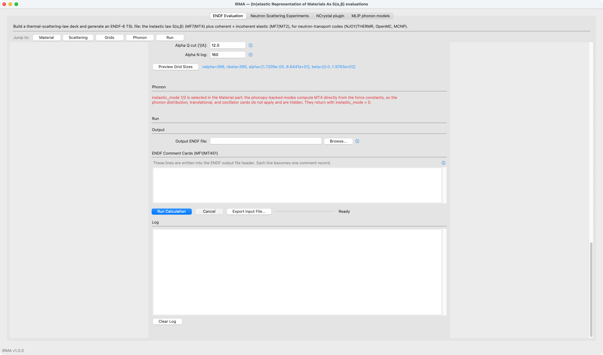 The Phonon part: with inelastic mode 1/2 selected, the unused card sections are hidden and a note explains why