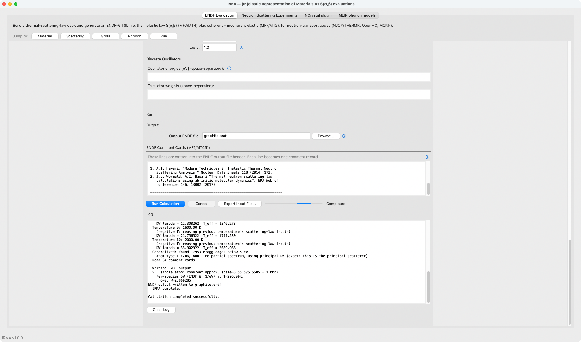 The Run part: a completed graphite iel=10 mode-2 calculation with the streaming log